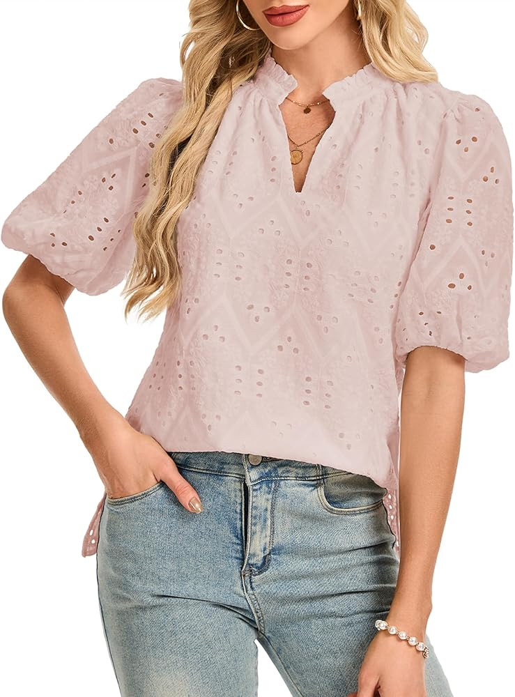 Womens Summer Tops Short Sleeve Shirts Dressy Casual V Neck Tunic Hollow Lace Embroidered Blouses | Amazon (US)