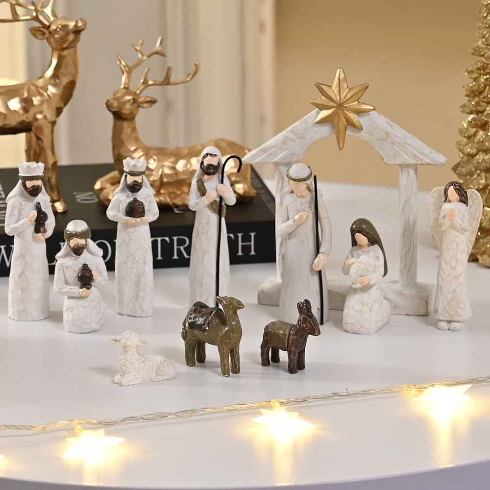 White Nativity Set, Resin Small Christmas Nativity Figurine, 11Pcs Miniature Nativity Scene, Mode... | Amazon (US)