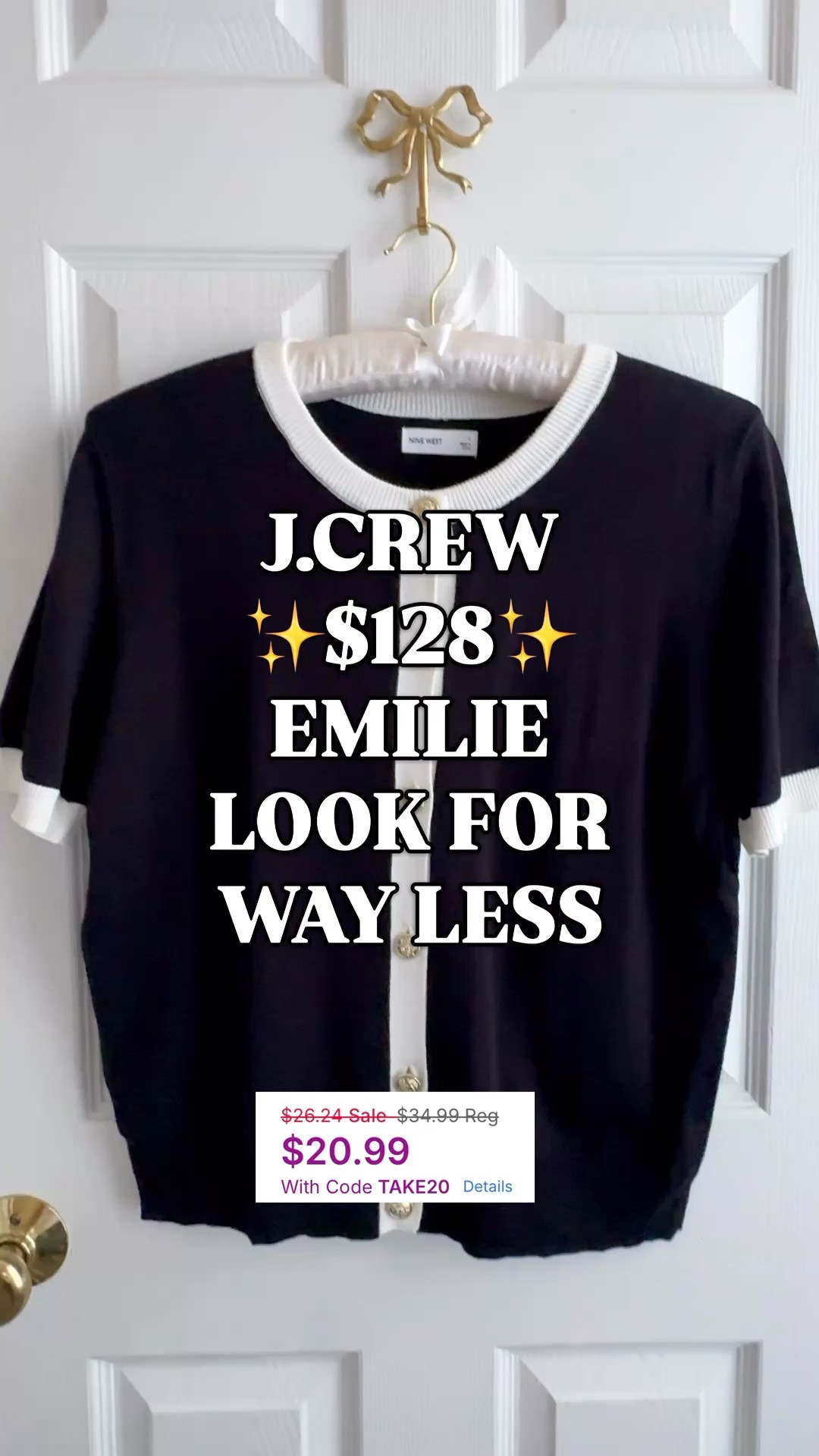 THE $128 J.CREW EMILIE LOOK FOR $21 👀

If you love J.Crew’s polished little cardigans, this Nine West find at Kohl’s belongs on your list. Originally $34, it’s now only $21 with code TAKE20.

The black knit, ivory contrast trim and gold-tone buttons bring that recognizable Emilie cardigan look to your work wardrobe for WAY less. Classic, preppy and so easy to pair with the pieces you already own.

This short sleeve cardigan has a button front and a closer, true-to-size fit rather than an oversized silhouette. Wear it buttoned as a sweater top with ponte pants for teacher outfits, or pair it with a skirt for polished business casual outfits. Add dark denim and ballet flats for casual Fridays.

It’s also a great option for early fall when you want the look of fall knitwear with a little less sleeve. Layer a blazer over it as the weather cools, and keep it in your work outfit rotation.

Shop the cardigan below and enter TAKE20 for the $21 price.

J.Crew Emilie cardigan look for less, J.Crew inspired cardigan, short sleeve cardigan women, fall cardigans, contrast trim cardigan, black and ivory cardigan, gold button cardigan, button front sweater, sweater top women, Nine West cardigan, Kohl’s finds, Kohl’s style, affordable workwear, work outfits women, teacher outfits, business casual outfits women, office outfits, work tops women, preppy fall outfits, classic preppy style, fall sweaters, designer look for less @Kohl's 

#LTKFindsUnder50 #LookForLess #PreppyStyle  #WorkOutfits #KohlsFinds #FallCardigans #TeacherOutfits

#LTKSeasonal #LTKSaleAlert #LTKWorkwear
