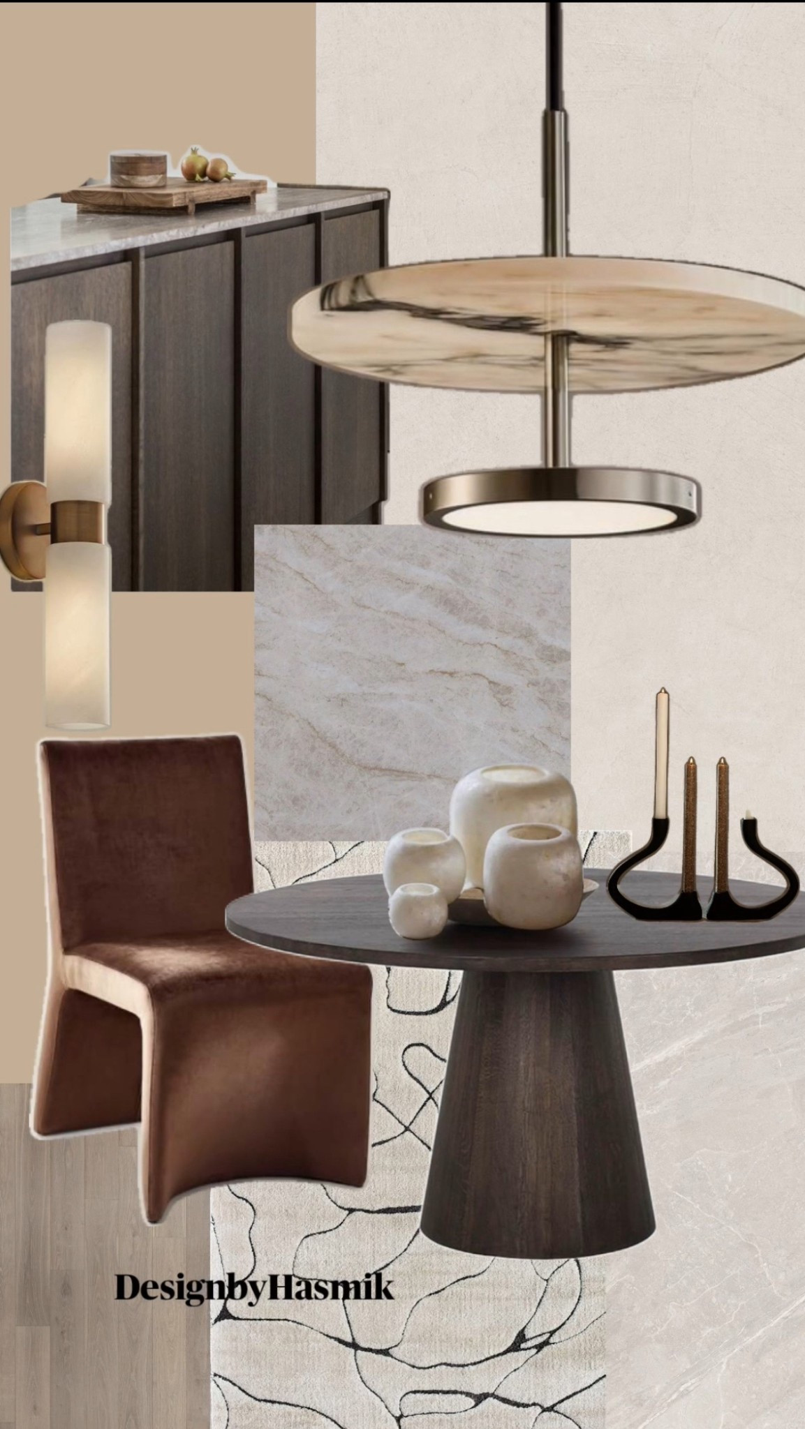 A curated harmony of modern organic design — where texture, tone, and form work together to create effortless sophistication.
This look blends warm mocha and taupe neutrals, tactile finishes, and sculptural silhouettes that bring depth and calm to any space.
The velvet dining chair introduces soft contrast against the dark wood pedestal table, while minimalist ceramic decor and brass lighting accents tie the palette together in an elegant yet livable way.

Every element was selected to highlight the quiet power of materials — from the marble-inspired surfaces to the matte black candleholders and brushed gold fixtures. The balance between organic warmth and modern refinement creates a timeless, grounded interior that feels luxurious without trying too hard.

Design Tip: Layering textures like velvet, stone, and brushed metals adds depth to a neutral palette, transforming simplicity into sophistication.

✨ Designed by Hasmik — curated for spaces that feel collected, elegant, and deeply intentional.

Keywords:
Modern Organic Interior • Warm Neutral Palette • Contemporary Home Design • Marble Accents • Brass Lighting • Minimalist Decor • Dining Room Styling • Sculptural Furniture • Natural Texture • Elevated Living

Hashtags:
#modernorganic #neutralinterior #homedesigninspo #ltkinspired #interiordesign #warmneutrals #designbyhasmik #diningroomdesign #contemporarydecor #minimalistluxury #sculpturalfurniture #modernhome

#LTKHome #LTKSaleAlert #LTKStyleTip