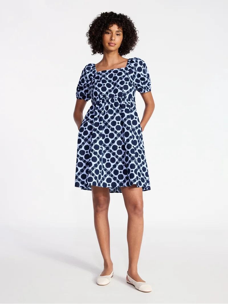 Time and Tru Women's and Women's Plus Tie Back Mini Dress with Puff Sleeves, Sizes XS-4X | Walmart (US)