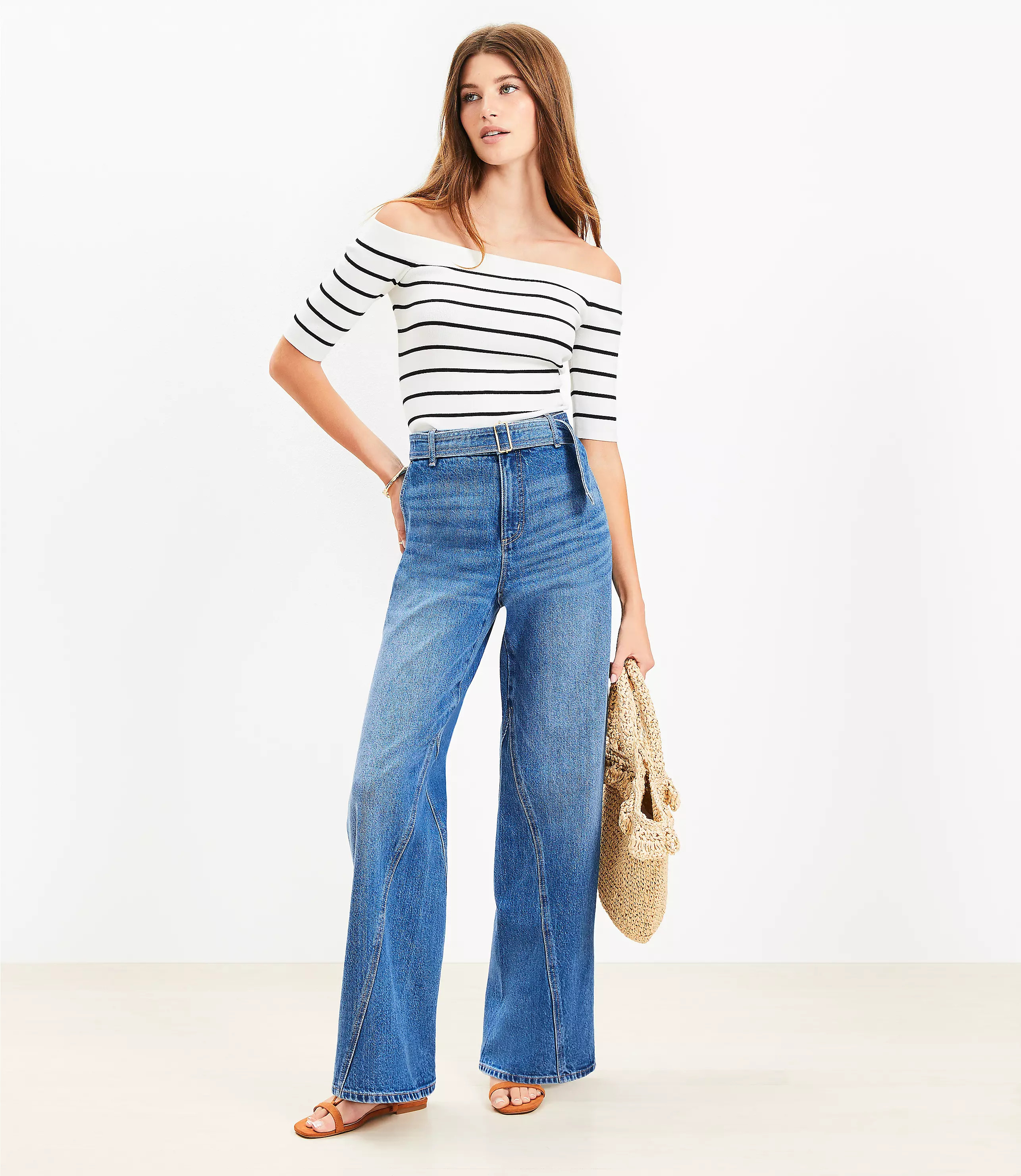 Belted Slim Wide Leg Jeans in Bright Medium Stone Wash | LOFT