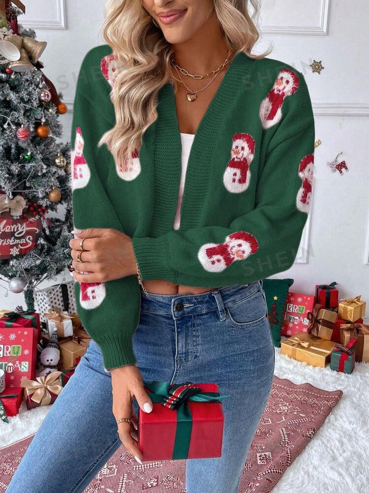 SHEIN Essnce Festive Christmas Faux Fur Snowman Decor Casual Loose Sweater Jacket, Autum/Winter E... | SHEIN