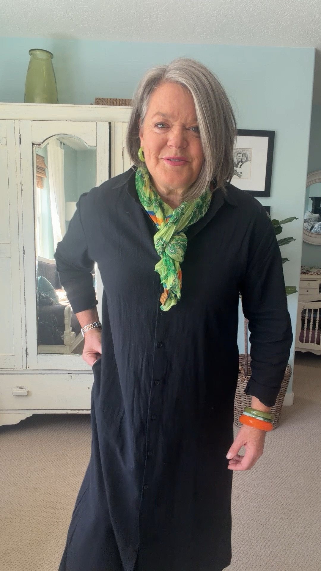 Throwing out a “Wicked” vibe with my black and green combo! Once again this black shirt dress has a new look! Adding a fun green and orange scarf, some cute green kitten heel pumps and a few bright green and orange bracelets makes for a new look! Wouldn’t an orange bag be a fun addition? What do you think would you wear this combo? 
#wickedblackandgreen #blackshirtdress

#LTKootd