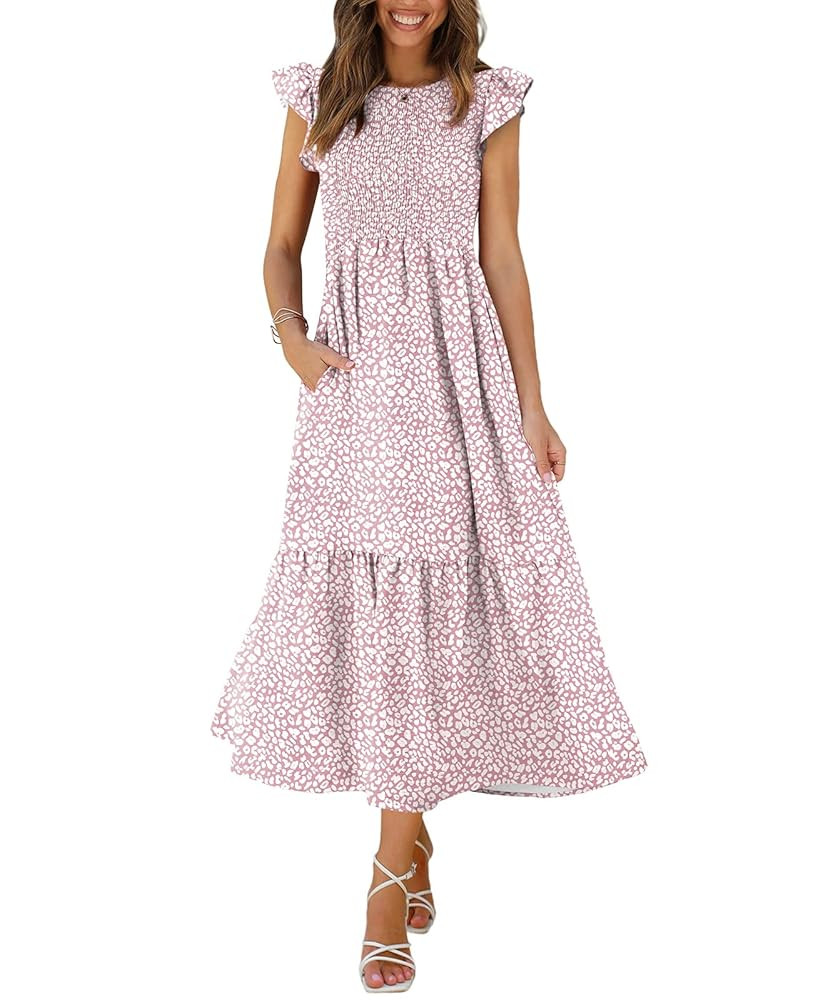 OFEEFAN Women's Casual Maxi Dresses with Pockets Ruffle Sleeve Smocked Dress XS-2XL | Amazon (US)