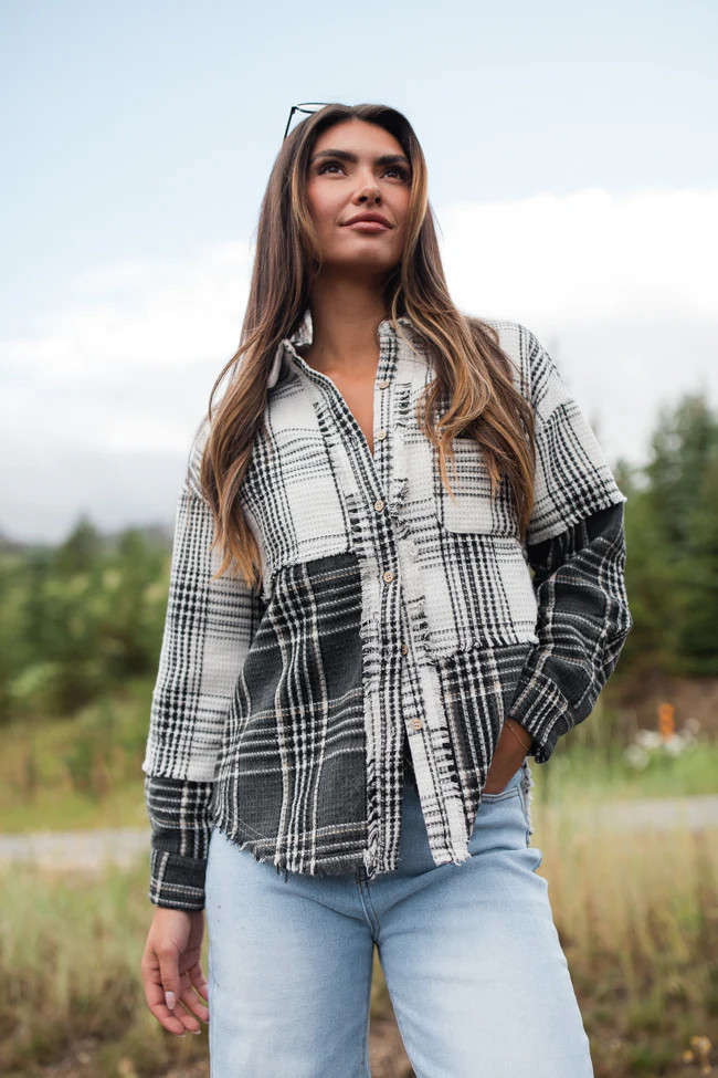 Keep Your Secrets Ivory Mixed Plaid Shacket | Pink Lily
