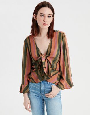 AE Embroidered Tie Front Top | American Eagle Outfitters (US & CA)