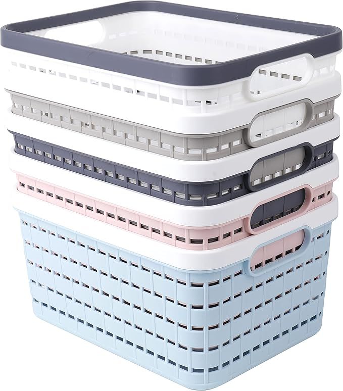 SOUJOY 5 Pack Woven Plastic Storage Basket, Kitchen Organizing Bin with Handles, 9.1"L x 6.8''W x... | Amazon (US)