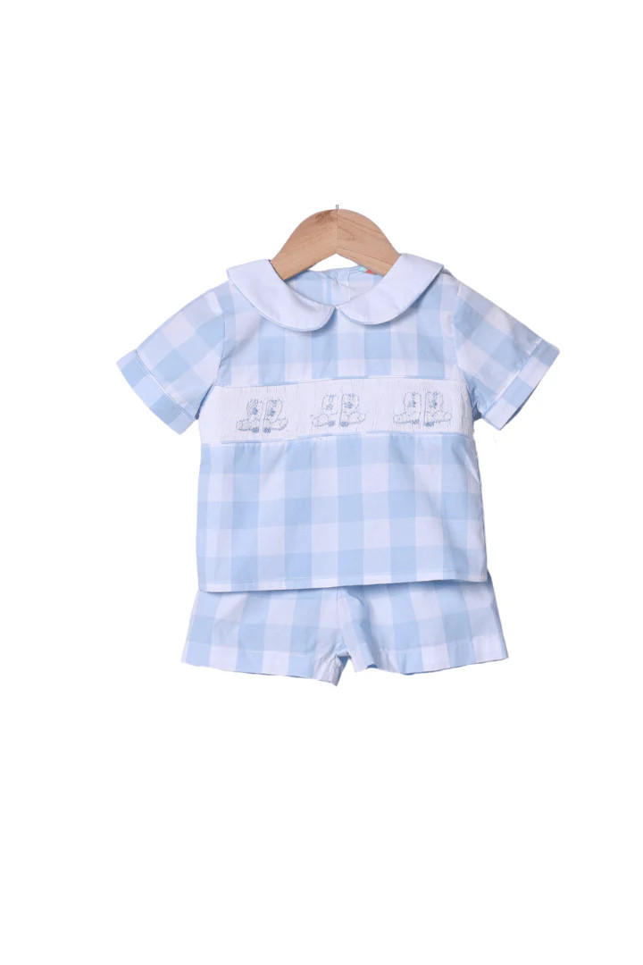 Smocked Blue Gingham Cowboy Boots Short Set | The Smocked Flamingo