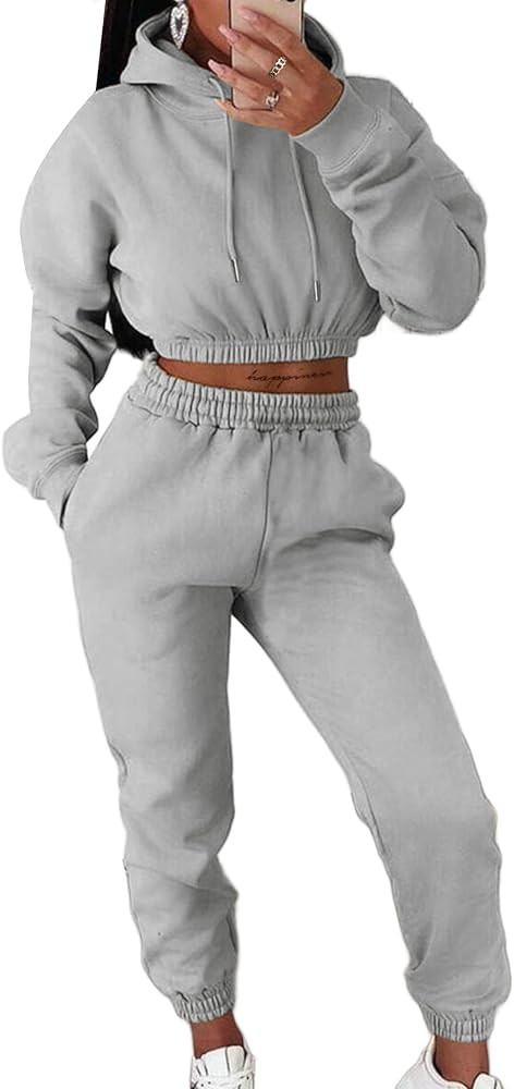 LovelyWholesale Women 2 Piece Outfits Long Sleeve Crop Hoodies and Pants Sweatsuit Set | Amazon (US)
