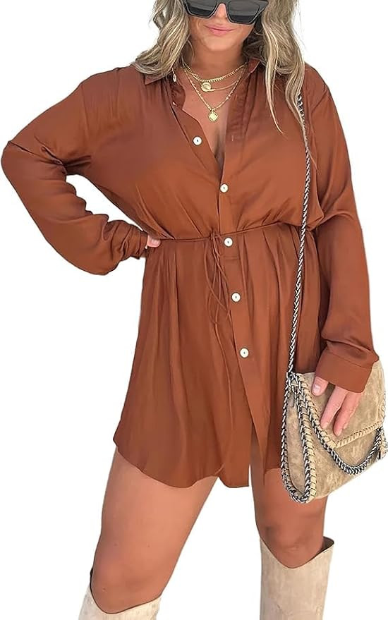 Muineobuka Women Satin Romper Dress Set Sexy Button Down Shirts Mini Dresses Boyfriend Long Sleev... | Amazon (US)