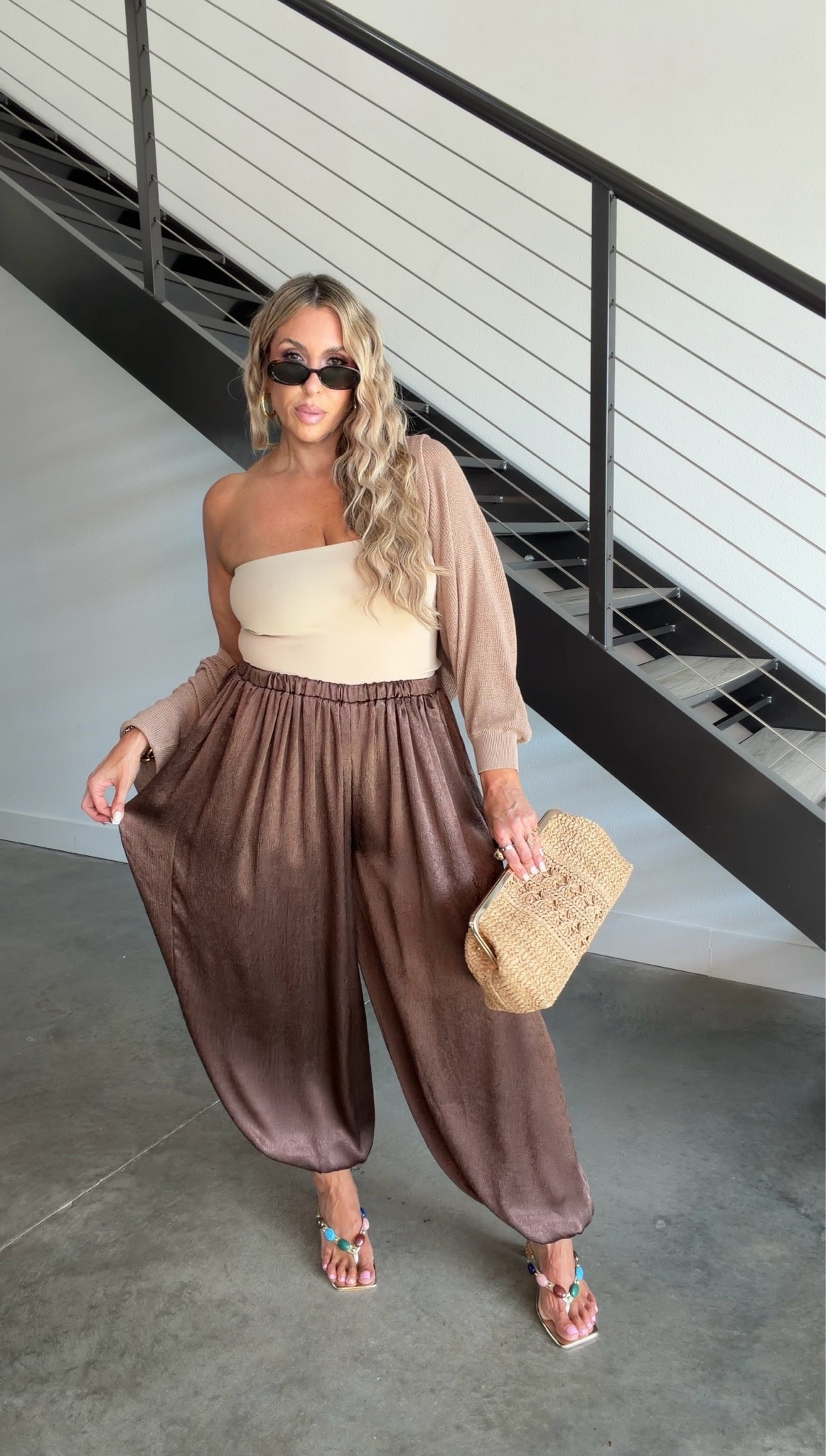 arm and tummy friendly outfits. 

bolero XXL color: khaki 
double lined tube top: L (size down) 
satin balloon pants size med (size down 1-2 sizes) 

linked other options to pair

#LTKMidsize #LTKOver40