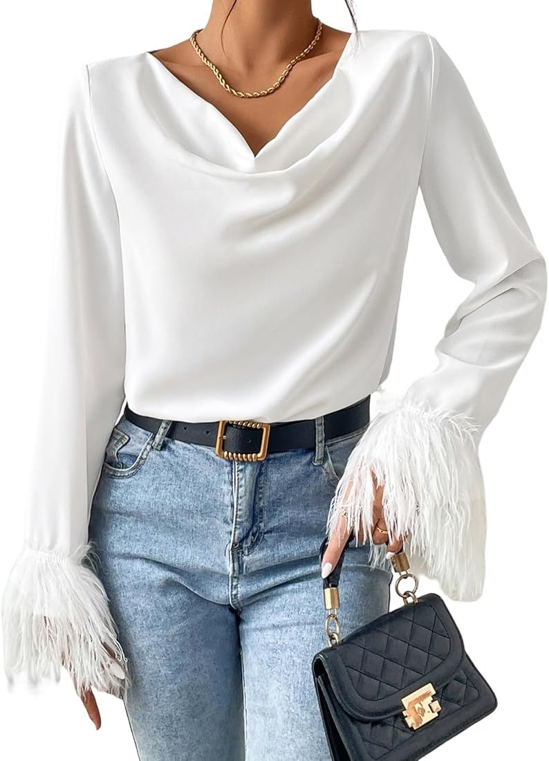 MakeMeChic Women's Casual Solid Cowl Neck Fuzzy Cuff Long Sleeve Blouse Tops | Amazon (US)