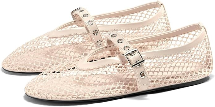 Coutgo Womens Mesh Ballet Flats Mary Jane Fishnet Ballerina Buckle Strap Comfortable Causal Dress... | Amazon (US)