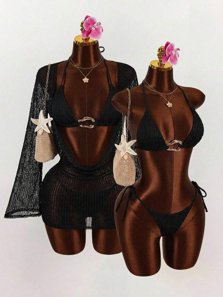 Amplova 3pcs Women's Sexy Halter Bikini Set - Top, Bottom, And Cover-Up Beach Vacation Outfits For Women | SHEIN