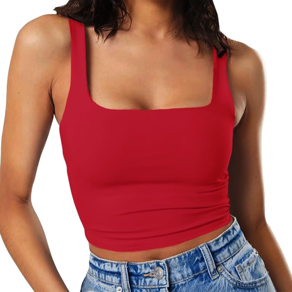 Artfish Women's Sleeveless Strappy Tank Square Neck Double Layer Workout Fitness Casual Basic Cro... | Amazon (US)