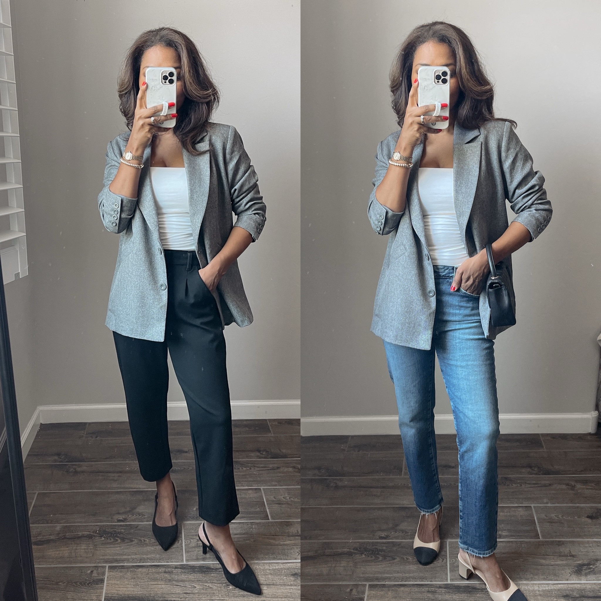NSALE TRY ON! Linking similar jeans if they’re out of stock. Size down in the blazer. I’m wearing a size XS. My trousers are TTS, I’m wearing a 4P since I have a longer torso but a 4 regular also works! 

#LTKxNSale #LTKSaleAlert #LTKSeasonal