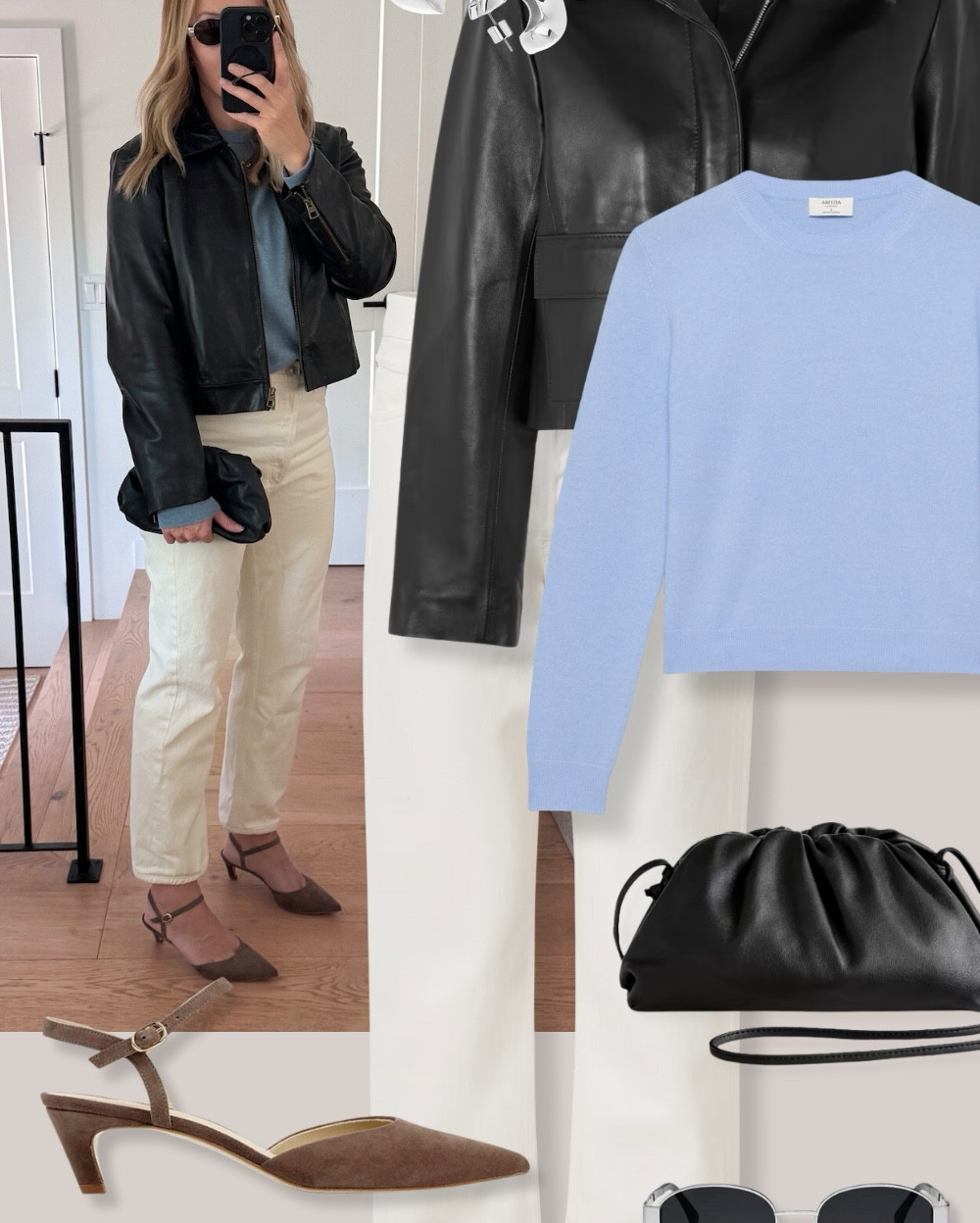 Cute fall outfit idea with suede slingback heels, blue cashmere crewneck, cropped leather jacket, ecru jeans and leather pouch bag. 

Fall outfits, fall style, autumn style, fall, inspiration, fall, aesthetic, outfit inspiration

#LTKShoeCrush #LTKSeasonal #LTKFindsUnder50
