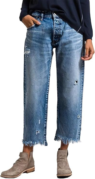 Flamingals Straight Leg Mid Rise Ripped Wash Raw Hem Casual Denim Bootcut Barrel Pants | Amazon (US)