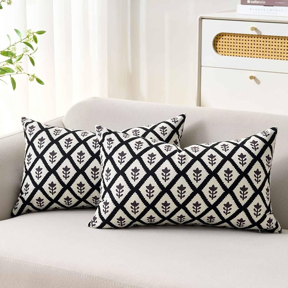 Decorative Vintage Floral Lumbar Pillow Covers Neutral Modern Farmhouse Block Print Cushion Cover... | Amazon (US)