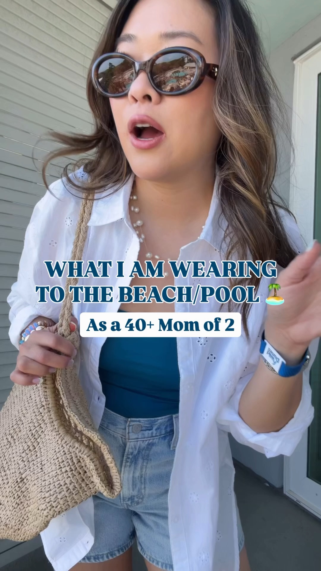 Beach / Pool Mom outfit 
Swimsuit: Medium
Levi’s Cinch Waist Shorts: 29
Button Down: Medium 