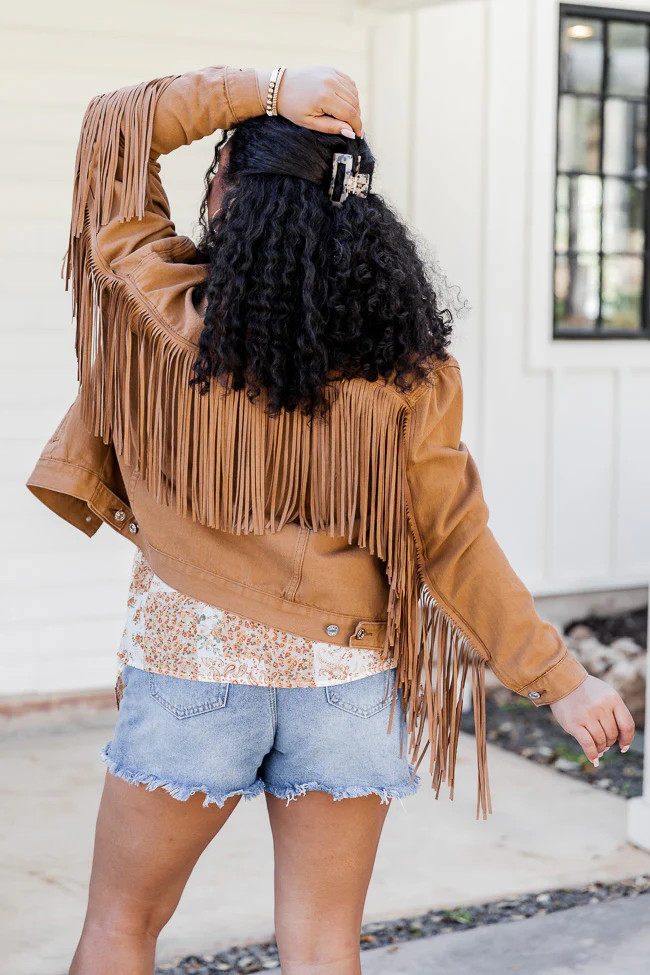 Wild Wild West Brown Fringe Detail Denim Jacket | Pink Lily