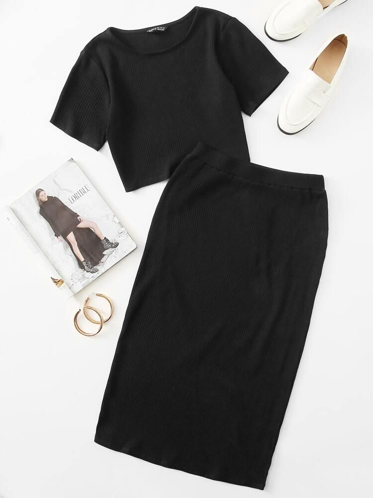 SHEIN Solid Crop Top & Pencil Skirt Set | SHEIN