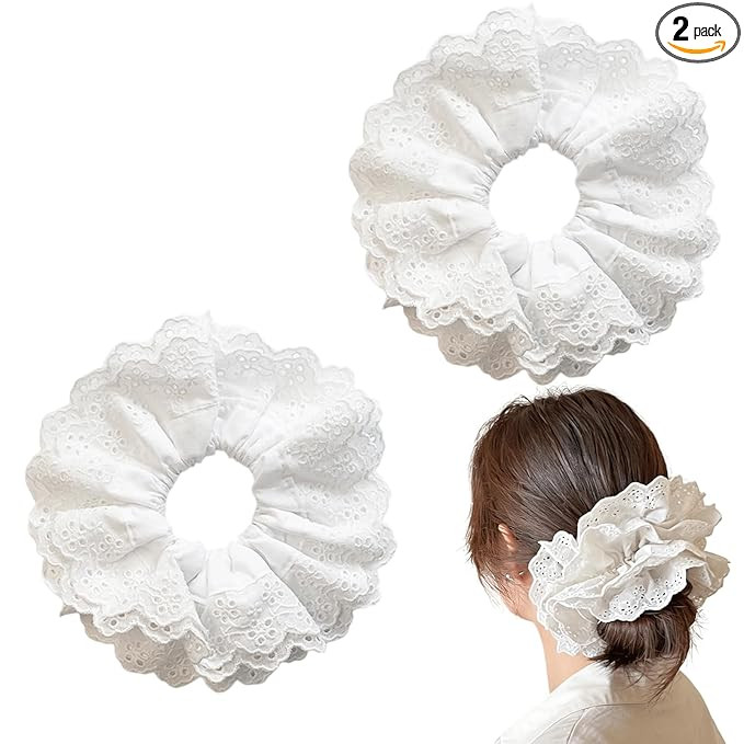 Amazon.com : 2PCS Large White Lace Scrunchies, Elastic Floral Embroidery Hair Ties Ropes, Oversiz... | Amazon (US)