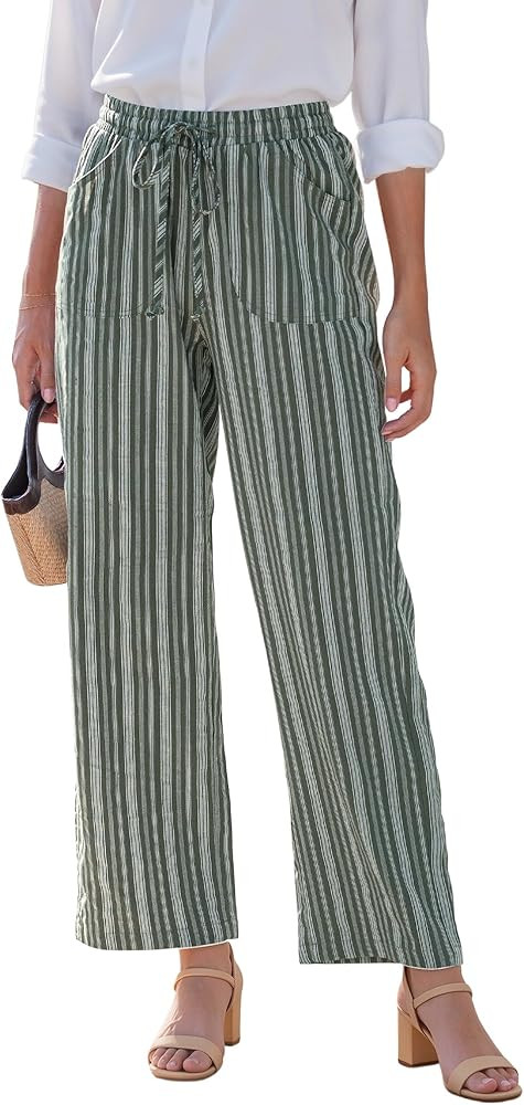 GRAPENT Linen Pants Women Wide Leg Striped High Waisted Pull On Elastic Waist Casual Summer Beach... | Amazon (US)