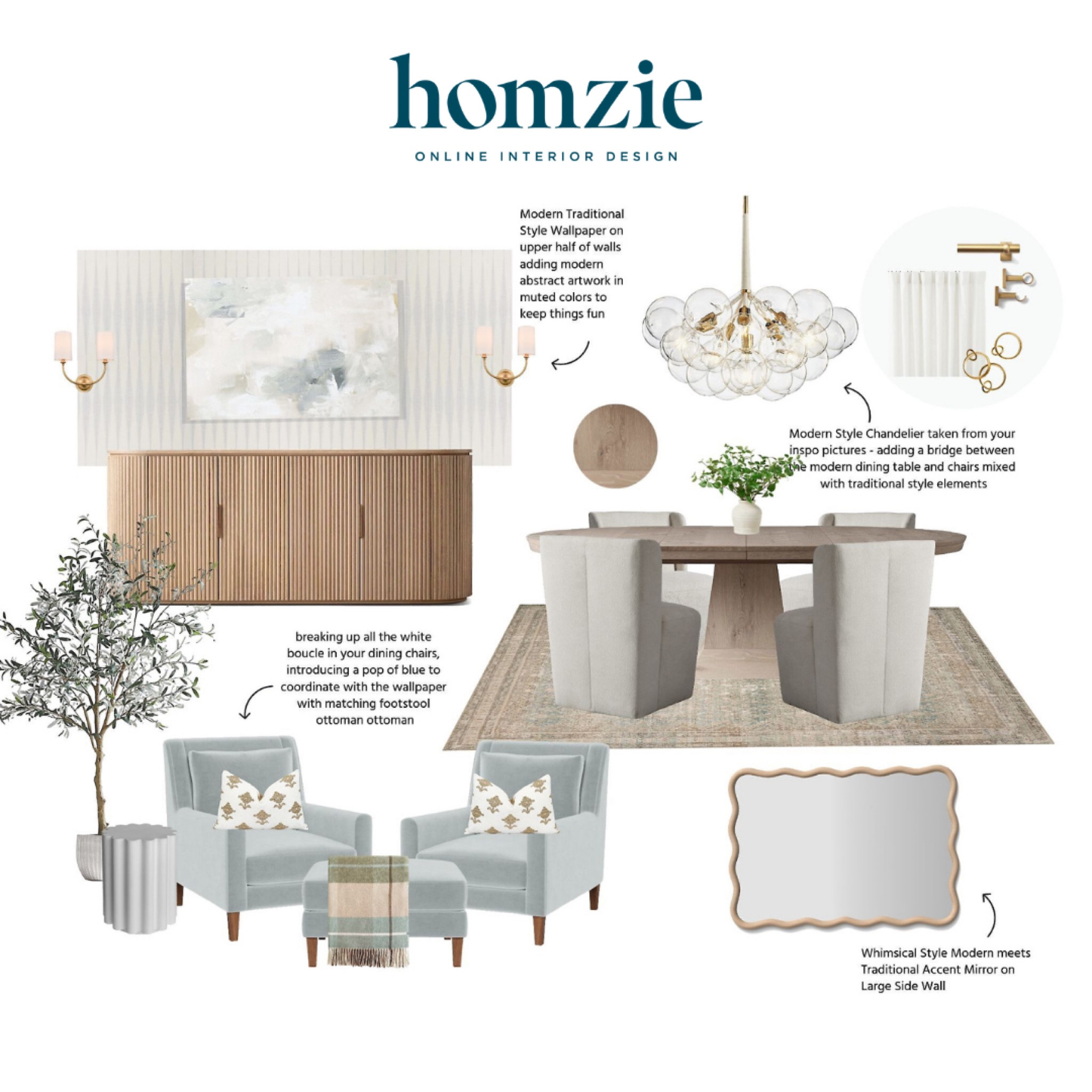 We loved designing this modern classic dining room for our virtual interior design client. This space features a blue velvet accent chair and ottoman set, a modern cloud chandelier, a neutral area rug, coastal abstract art,  

Virtual interior designer for a low flat-rate and receive a custom, shoppable decorating plan! - all online. Get started http://homziedesigns.com/work-with-us

#LTKSummerSales #LTKStyleTip #LTKHome