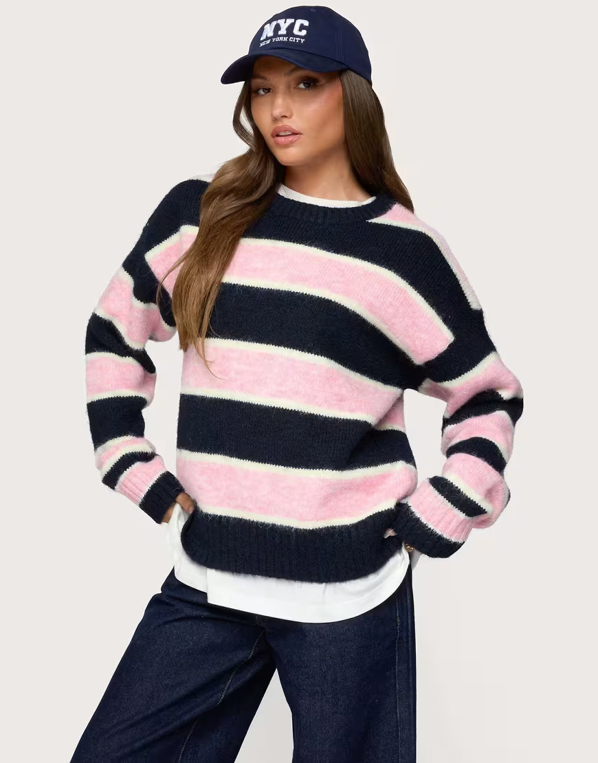 Edikted Conrad striped knit sweater in navy and pink | ASOS (Global)