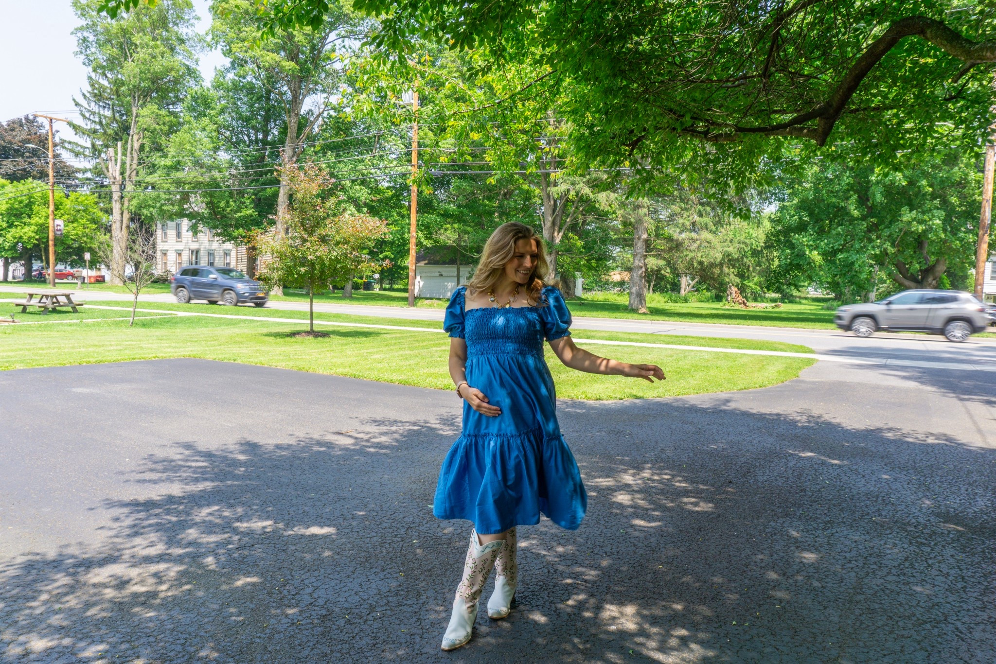 Charm necklace, puff sleeve dress, cowboy boots, cowgirl boots, cottagecore, feminine, romantic, floral boots, maternity, fashion, pregnancy, third trimester 

#LTKSeasonal #LTKShoeCrush #LTKBump