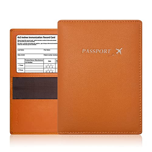 Genuine Leather Passport Cover, Ultra Slim with Vaccine Card Slot, RFID Blocking (Orange) | Amazon (US)