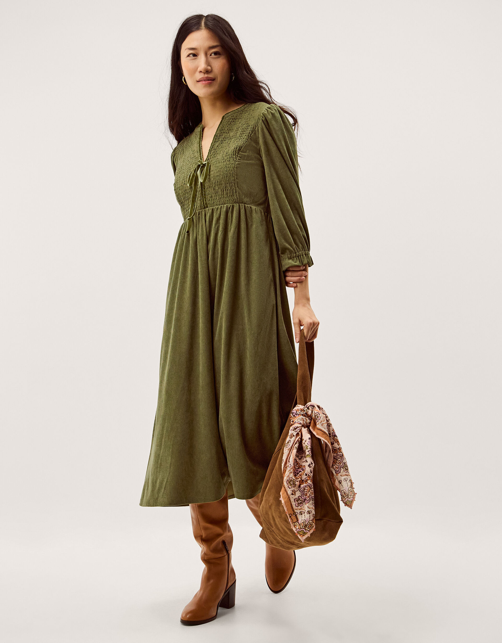 Sara Smocked Corduroy Midi Dress Green | Monsoon (UK)