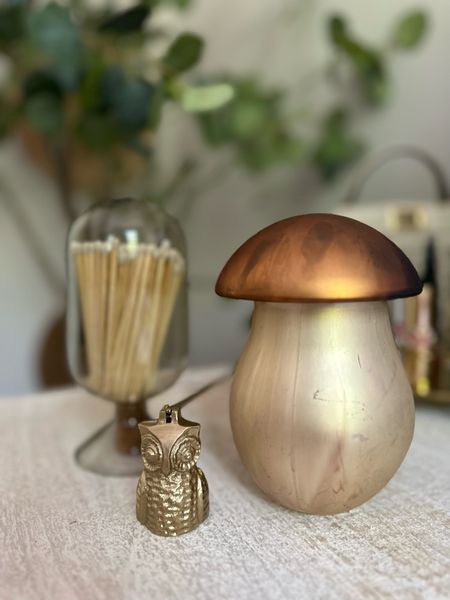 Cute fall housewarming gift idea! Little glass mushroom candle with an owl snuffer and match cloche! All from Anthropologie  