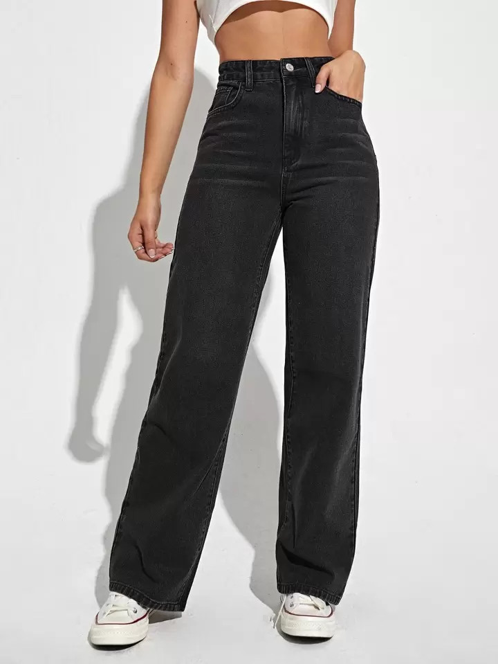 SHEIN EZwear High Waist Slant Pocket Straight Leg Jeans | SHEIN
