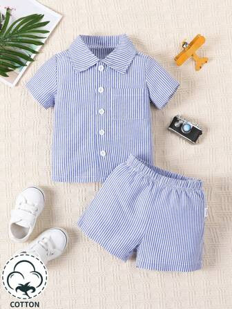 Baby Boys' Blue Stripe Shirt With Shorts Set | SHEIN