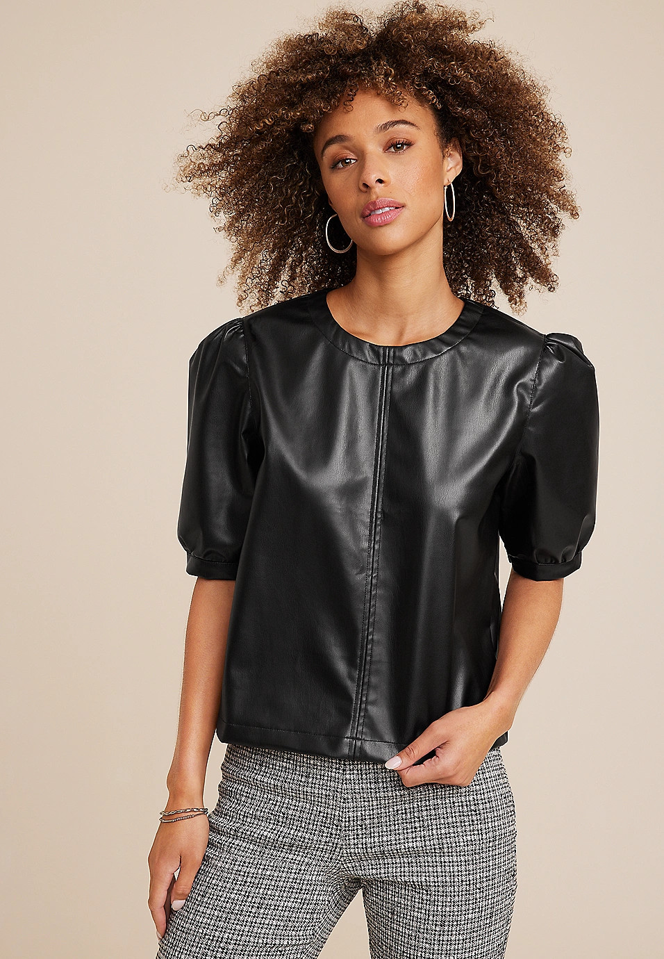 Faux Leather Puff Sleeve Blouse | Maurices