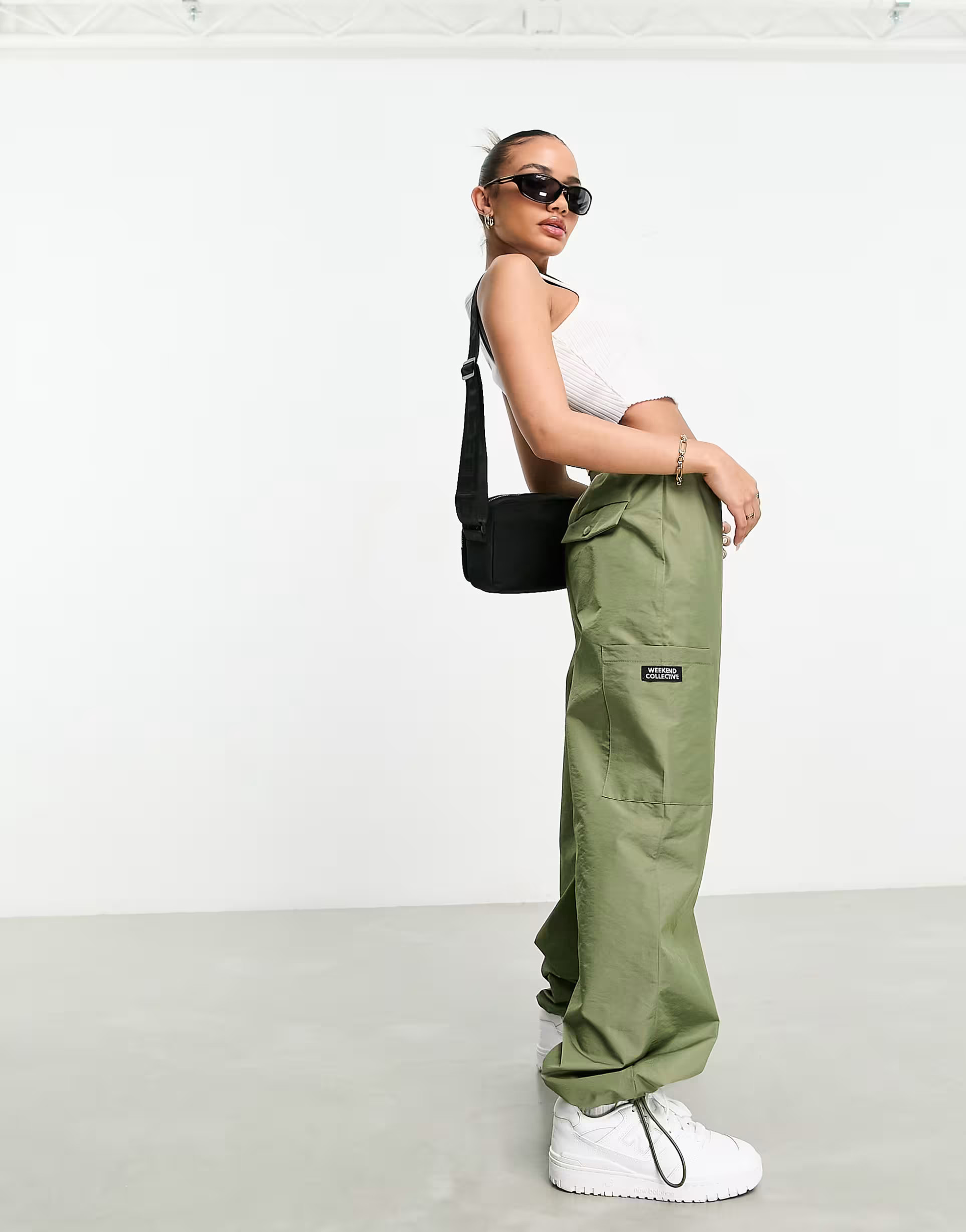 ASOS Weekend Collective parachute cargo pants with pocket in olive | ASOS (Global)