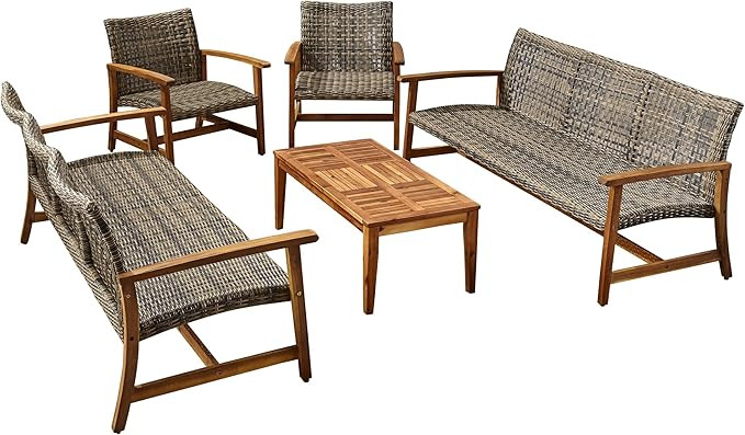 Christopher Knight Home Hamptom Outdoor 5 Piece Acacia Wood and Wicker Sofa Conversation Set, Gra... | Amazon (US)