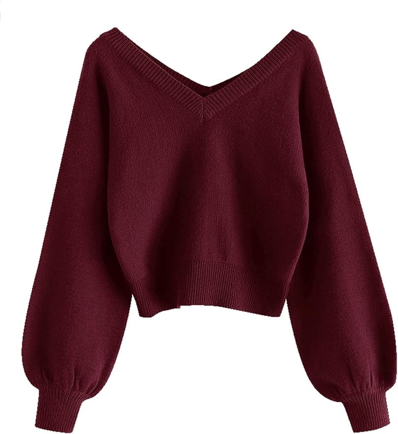 ZAFUL Women's Cropped Sweater V-Neck Long Sleeve Crop Sweater Pullover Jumper Knit Top | Amazon (US)