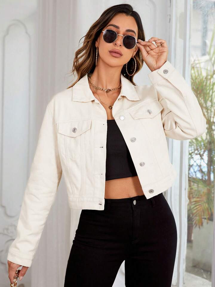 SHEIN Essnce Flap Pocket Denim Jacket | SHEIN
