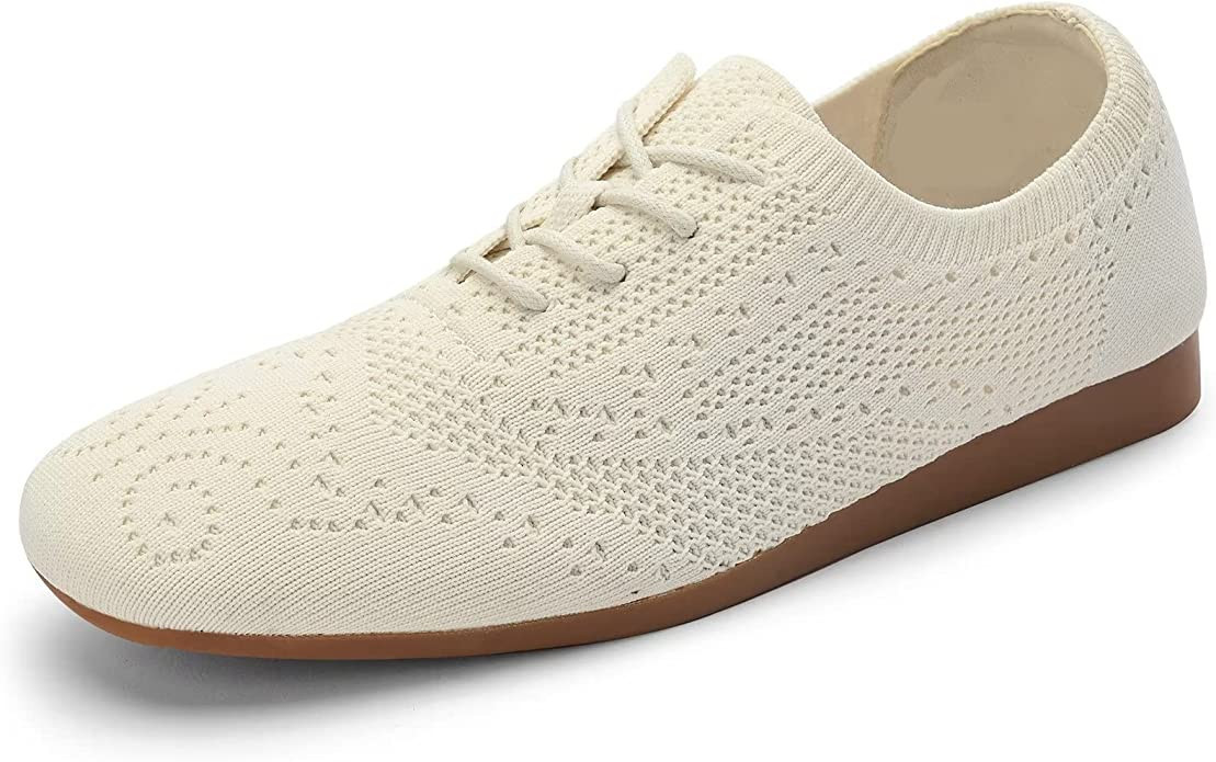 Amazon.com | konhill Women's Lace-up Oxfords Flats Classic Knit Brogue Dress Walking Shoes Casual... | Amazon (US)
