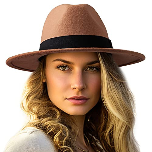 LADYBRO Felt Wide Brim Fedora Hats for Women Men, with Band Belt Buckle, Adjustable | Amazon (US)