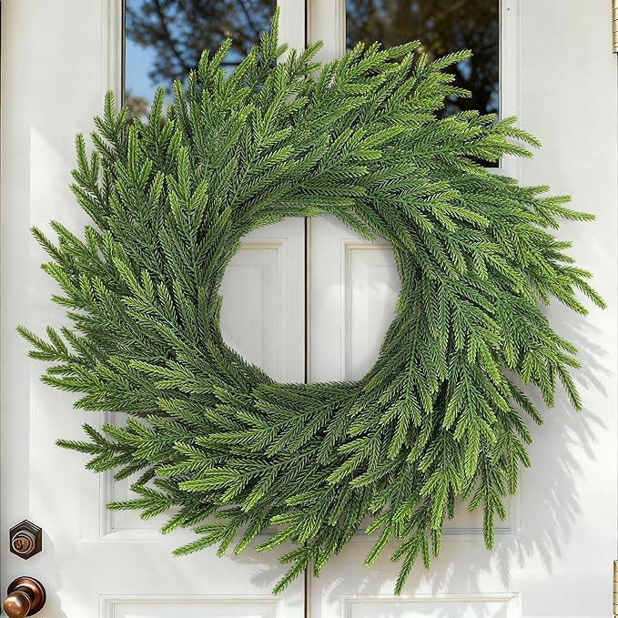 24 Inch Norfolk Pine Wreath, Real Touch Artificial Green Christmas Wreaths for Front Door, Window... | Amazon (US)