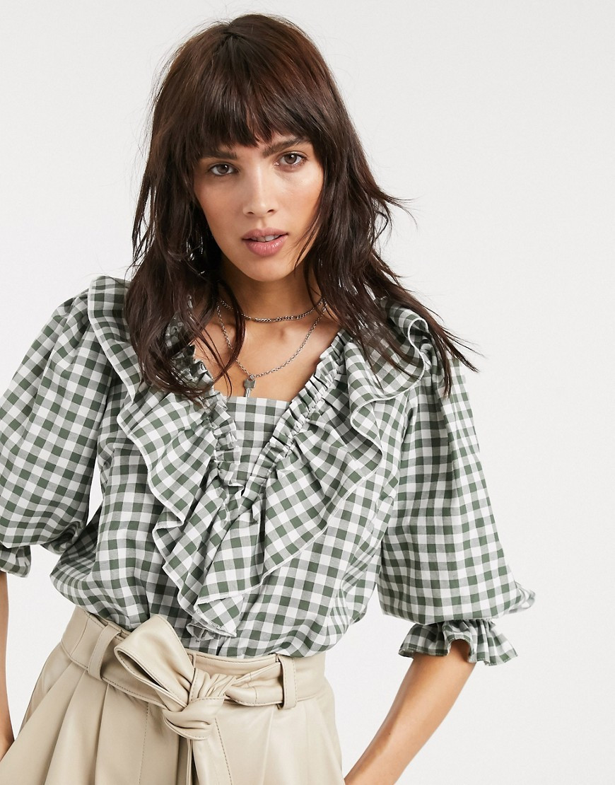 ASOS DESIGN long sleeve gingham top with ruffle detail-Green | ASOS (Global)