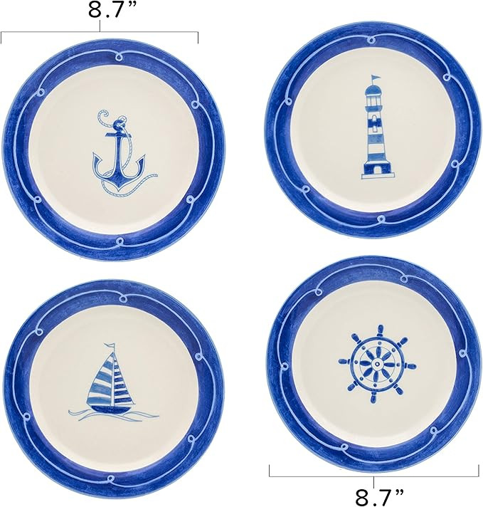 Euro Ceramica Ahoy Collection Nautical 8.7" Ceramic Salad/Dessert Plates, Set of 4, Assorted Desi... | Amazon (US)