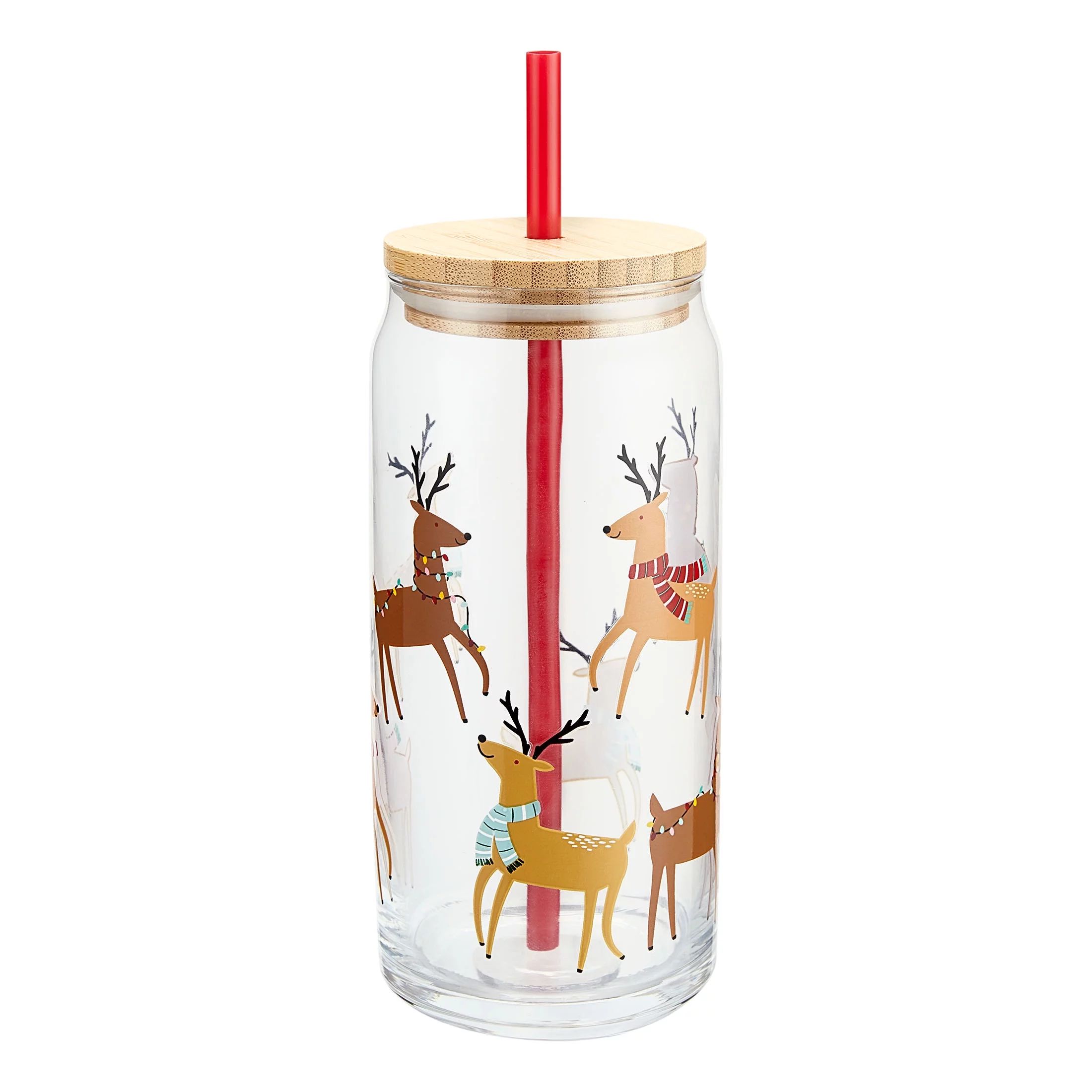 Holiday Time 20-Oz Glass Reindeer Can Glass with Lid & Straw - Walmart.com | Walmart (US)