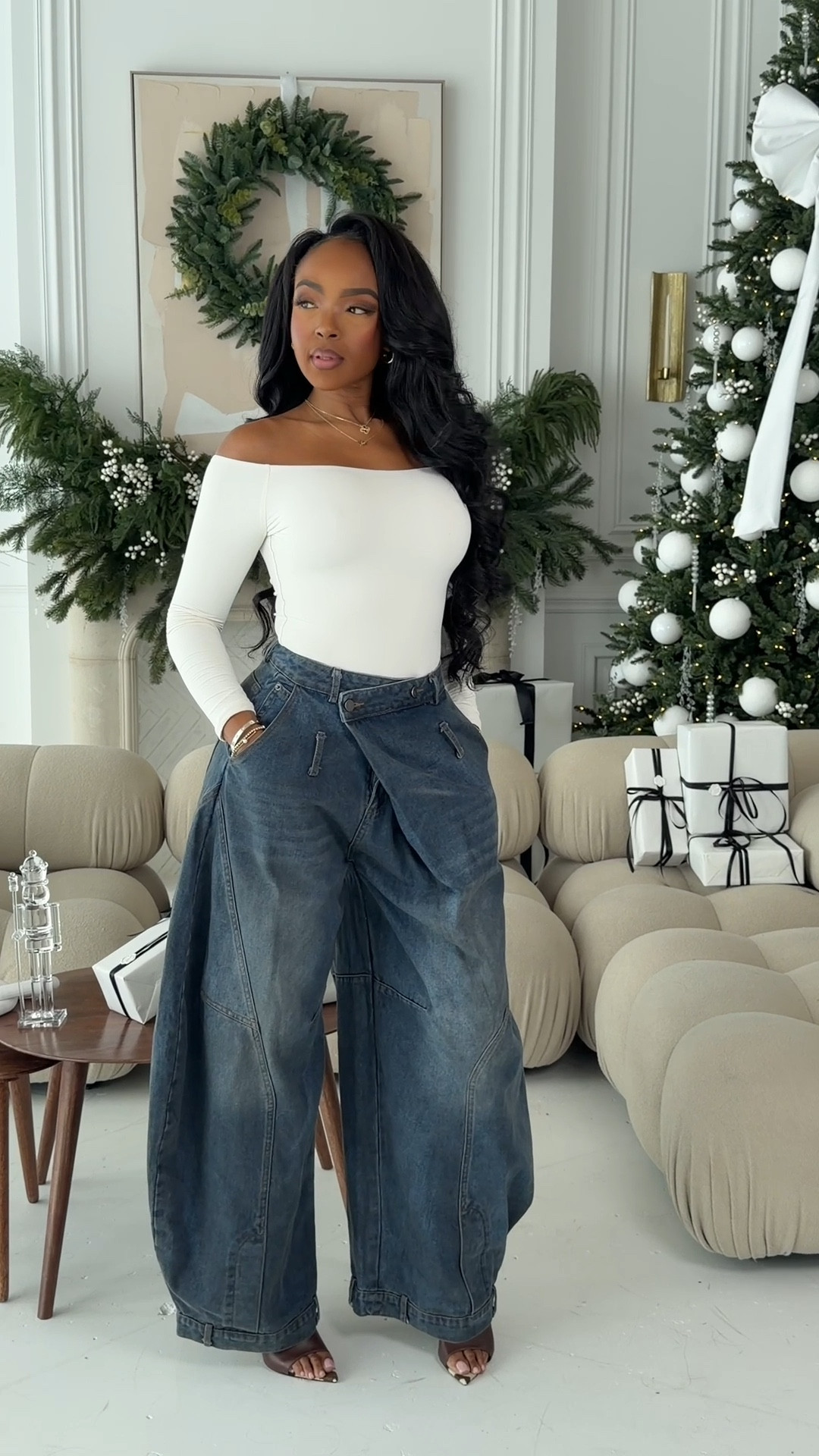 Statement denim done right 💙  
These ultra-wide leg jeans add major drama while keeping it effortlessly chic paired with a clean off-shoulder top. A perfect balance of structure and softness — simple, bold, and beyond flattering.  

Perfect for brunch, casual events, or a stylish day out.  

📏 Sizing: Wearing size small | Top fits true to size | Jeans run oversized — recommend sizing down.  

wide leg denim outfit, off shoulder top look, trendy casual outfit, chic everyday style, fall denim fashion, elevated street style, minimalist outfit inspo.  

Follow me on Instagram and YouTube @kirasfashionfinds

#LTKFindsUnder100 #LTKStyleTip #LTKHoliday