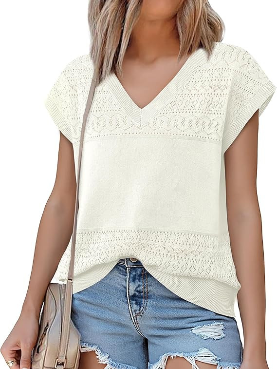 Messic Womens V Neck Sweater Vest Cap Sleeve Casual Lightweight Knit Pullover Tops | Amazon (US)